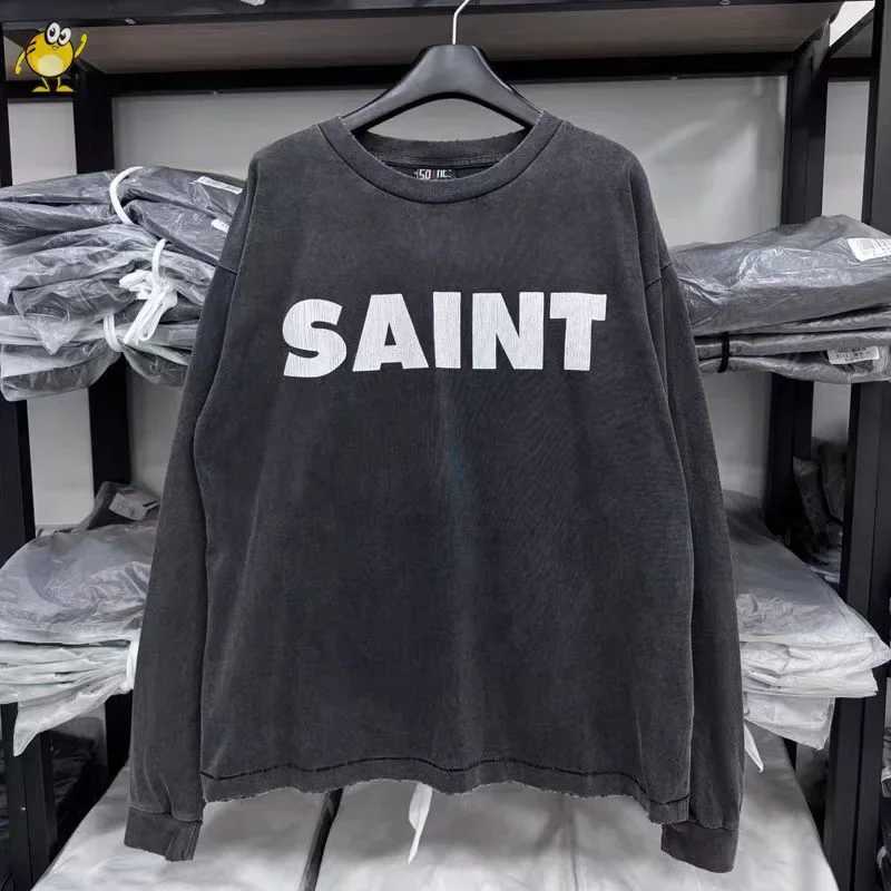 New Top Tee High Street SAINT Long Sleeve T Shirt Letter Print Washed Do Old Men Woman Retro Best Quality Streetwear T261019