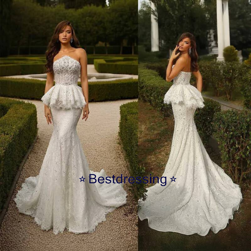 Gorgeous Strapless Sequins Mermaid Wedding Dresses Sleeveless Beaded Bridal Gowns Sweep Train Robe De Mariee Bd019