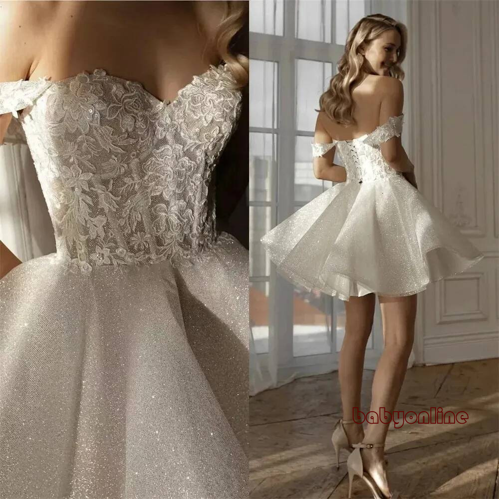 2026 Glitter Short Wedding Dresses Sweetheart Lace Appliques Sequins Mini Bridal Formal Party Gowns Bride Dress Vestidos De Noiva