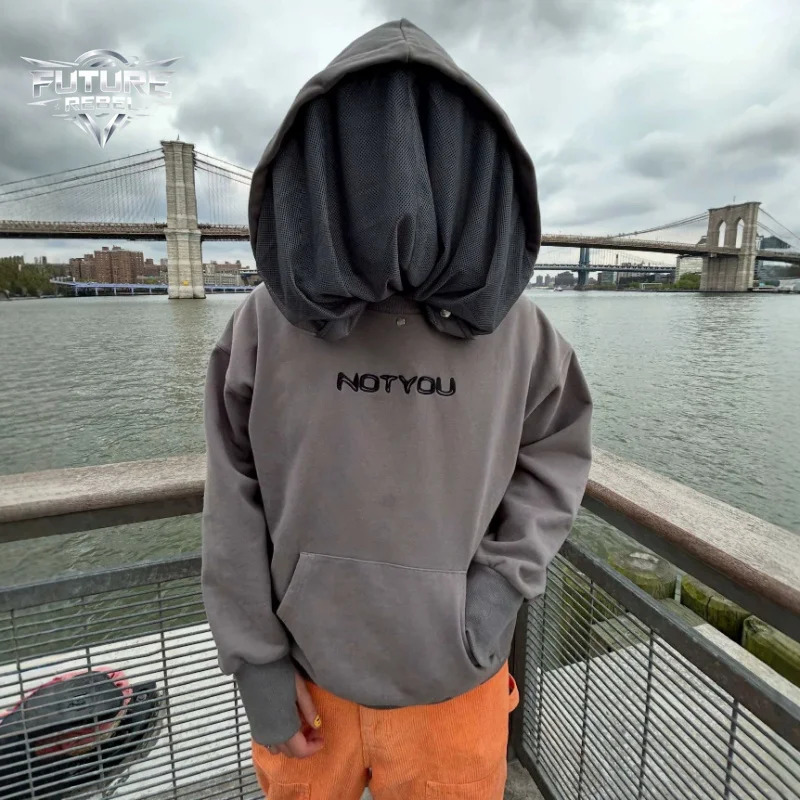 Unisex Boxy Jacket Streetwear Retro Mesh Mask Hoodie Black Embroidery Detachable Cap Pullover Y2K American High Street 261019
