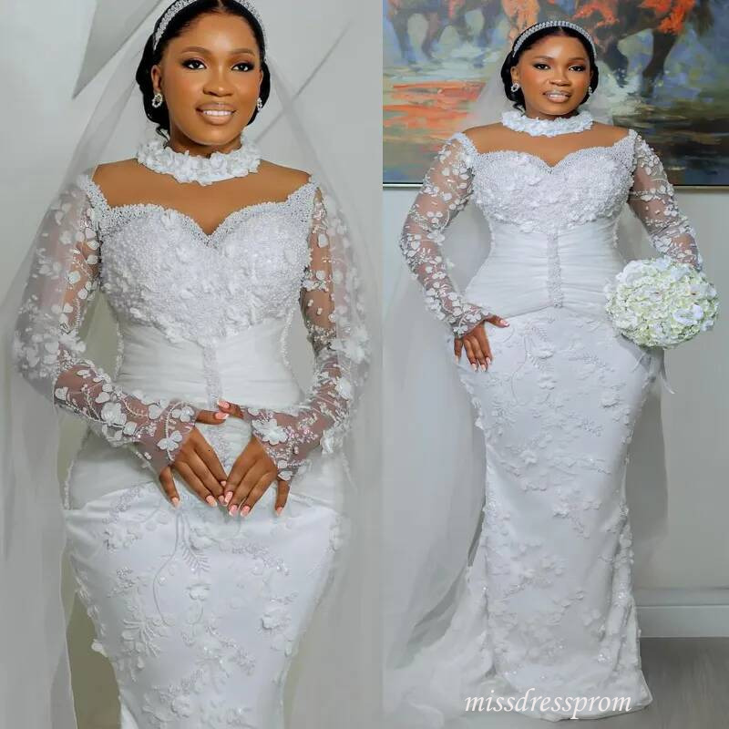 Plus Size Off White For Bride 3D Appliqued Flowers High Neck Mermaid Wedding Gowns Long Sleeves Beaded Lace Rhinestones Bridal Dress D895