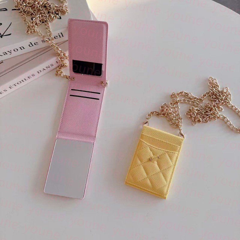 Women Quilted Leather Card Holder With Built-in Makeup Mirror, Multi Card Slots Mini Crossbody Wallet With Gold Chain , Candy Color Portable Card Pu