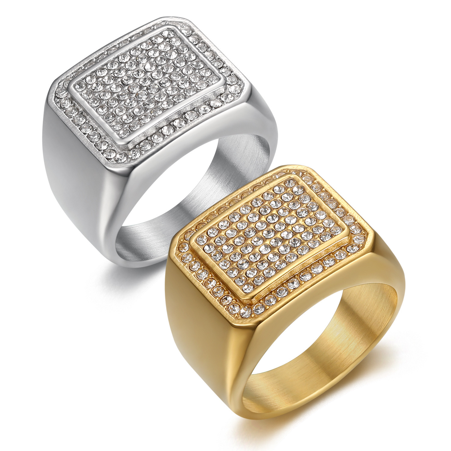 New Hip-Hop Fashion Personality Wholesale Titanium Steel Electroplated Diamond-Encrusted Square Rings