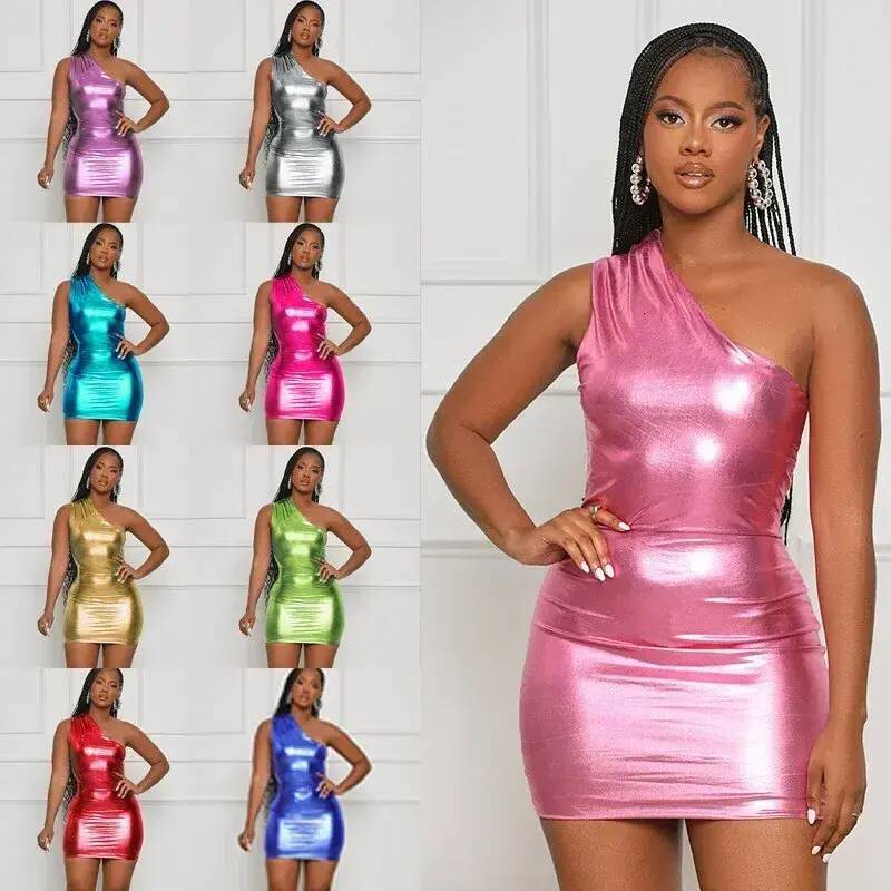 Women Casual Dress Women Casual Dress Everyday Everyday One Shoulder Sleeveless Sexy Bodycon Birthday everyday Party For Summer Metallic Shiny Night