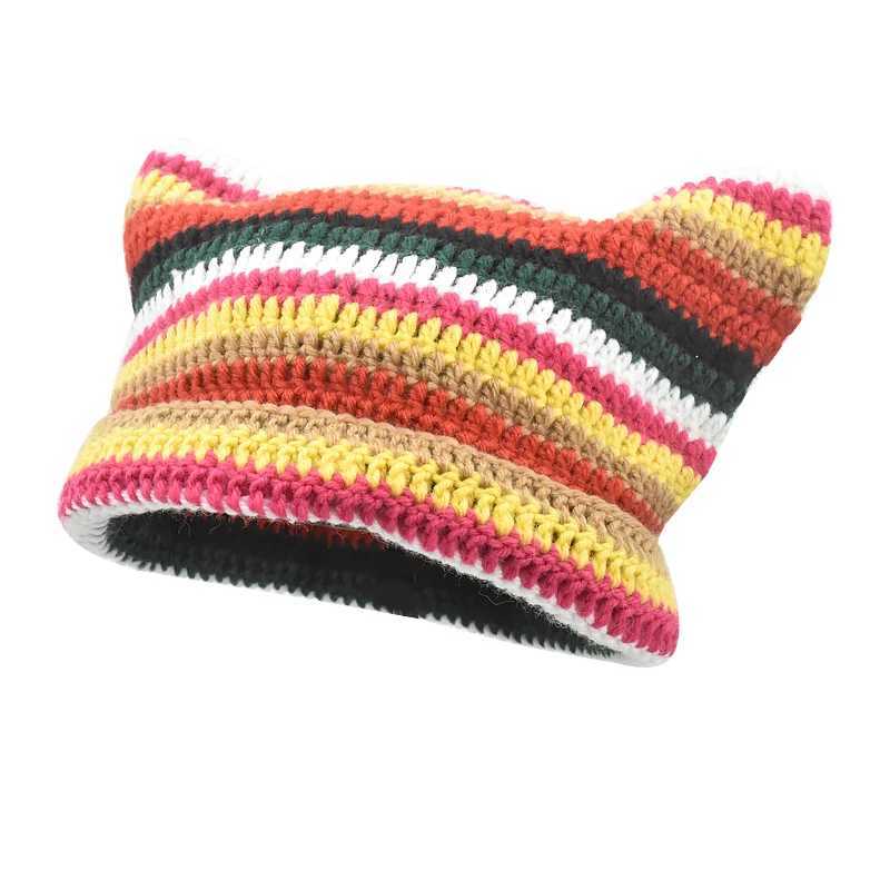 Beanie/Skull Caps Women's Beanie Hat Ins Little Devil Colorful Striped Knitted Wool Cap Autumn and Winter Crochet Cat Ears Pointed Pullover Hat