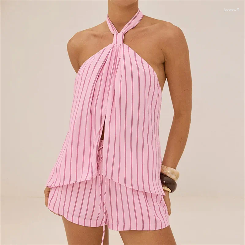 Hirigin Women Striped Halter 2 Piece Outfit Tie Back Bow Sleeveless Top Drawstring Shorts Beach Vacation Casual Co Ord Set