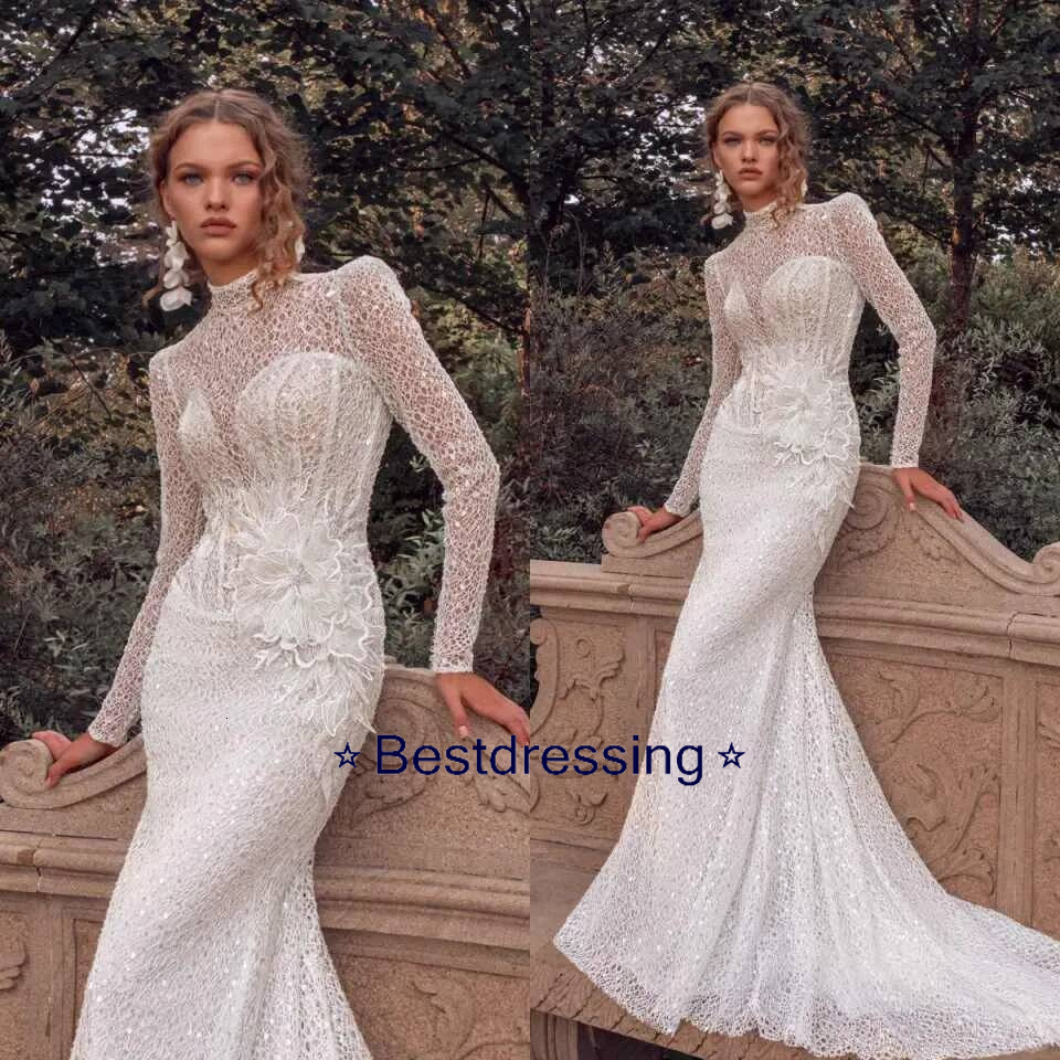 Customized Mermaid Wedding Dresses Beach Boho Illusion Lace Appliques Long Sleeve Bridal Gowns Formal Bride Dress Bd017