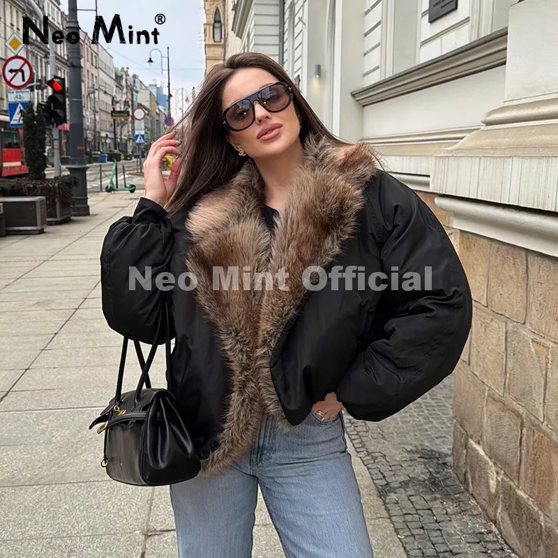 Neo Mint Trendy 2026 Fur Collar Bomber Jacket Women Winter Warm Padded Coat Parkas Quilted Puffer Jackets Overcoats 261019