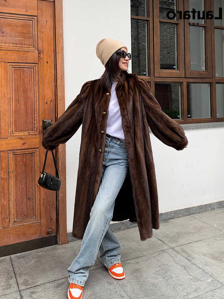 Winter Lautaro Long Brown Thick Warm Soft Mink Fur Coat Women Puff Slve Elegant Chic Fluffy Furry Overcoat S261016BHHJ