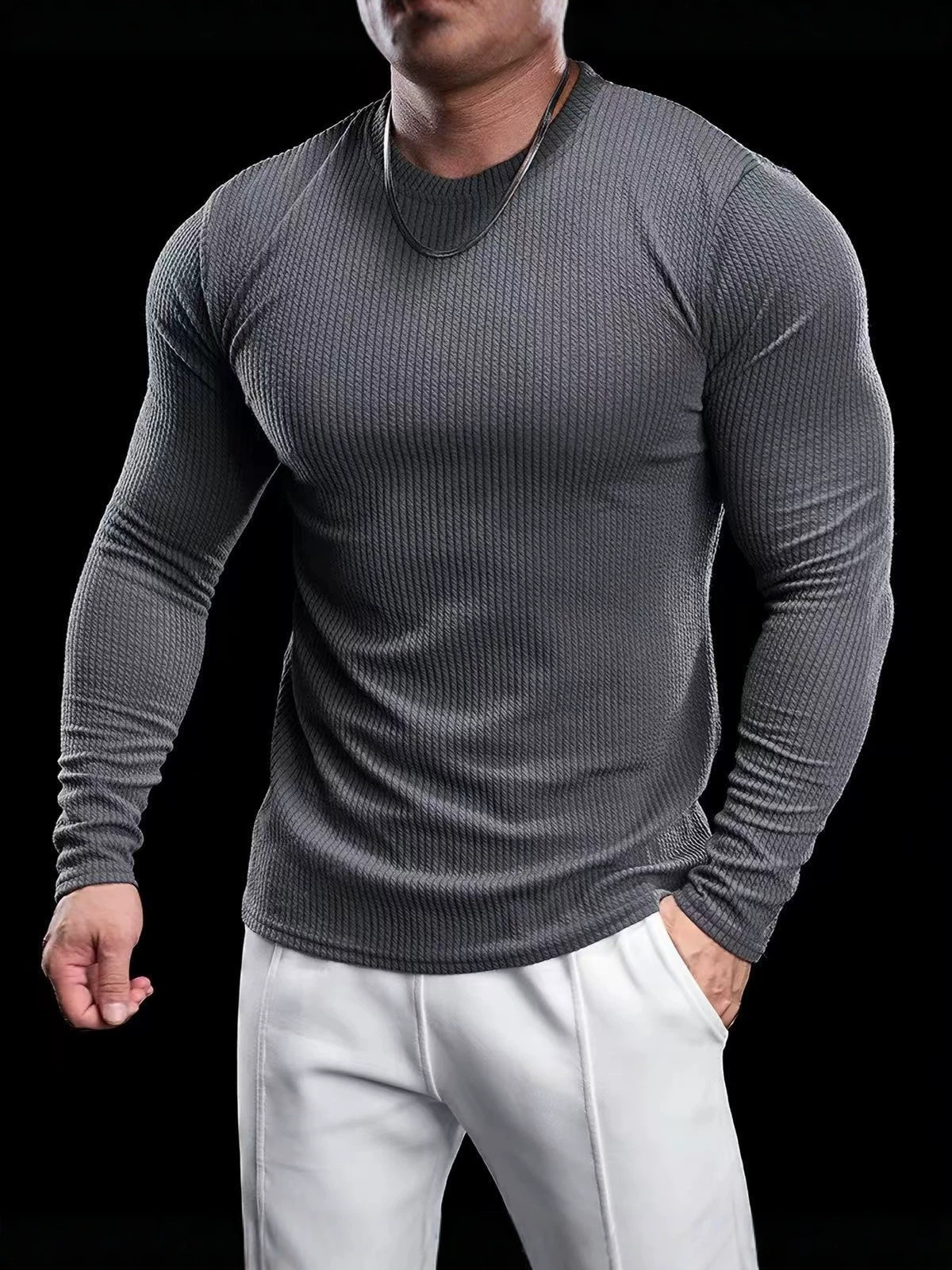 2026 winter new trendy pullover base layer muscle long-sleeve t-shirt spring and autumn top men's sweatshirt
