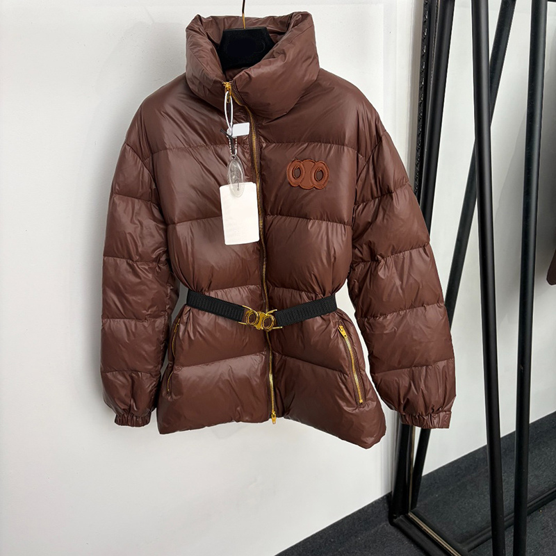 Designer Women Stand Collar Puffer Jacket Faux Leather Patch Warm Padded Coats With Belt Autumn Winter Casual Daily Wear Overcoat