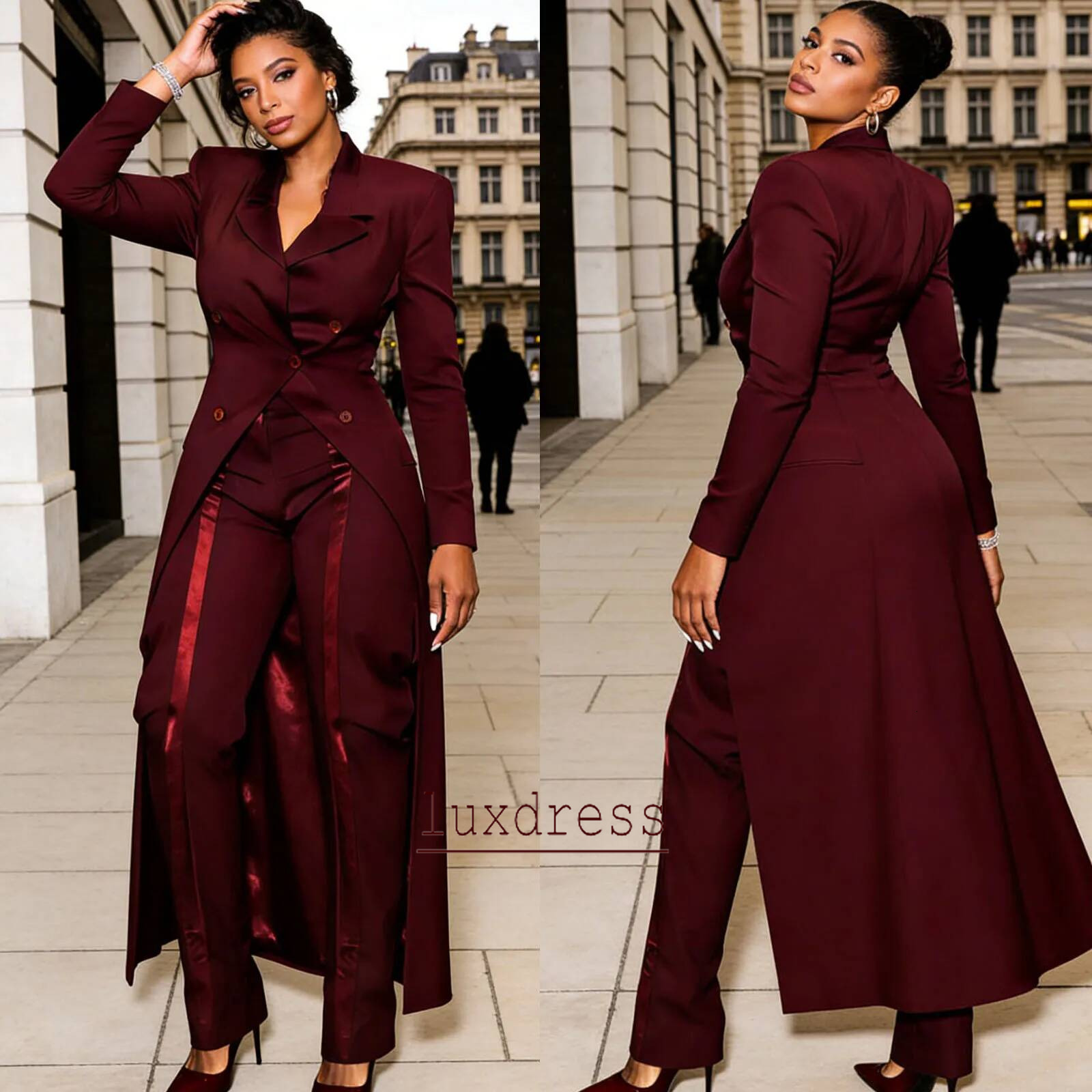 New Burgundy Double Breasted Women Long Blazer 2 Pieces Plus Size Formal Business Overcoat Suits Coat Customized Party Outfit