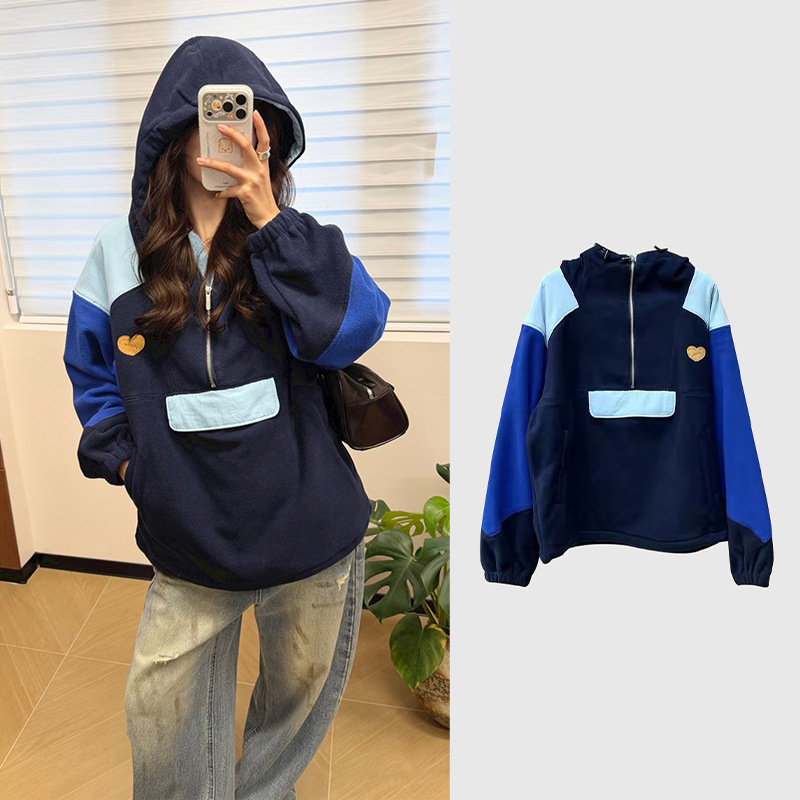 Women Color Patchwork Warm Hooded Coat Half Zipper Lady Loose Jacket Outwear for Outdoor Sports