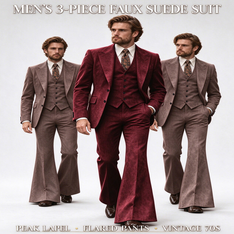 Mens 3 Piece Faux Suede Suit 70s Retro Flared Pants Jacket Vest Set Stage Costume Formal Wedding Groom Garment 261019