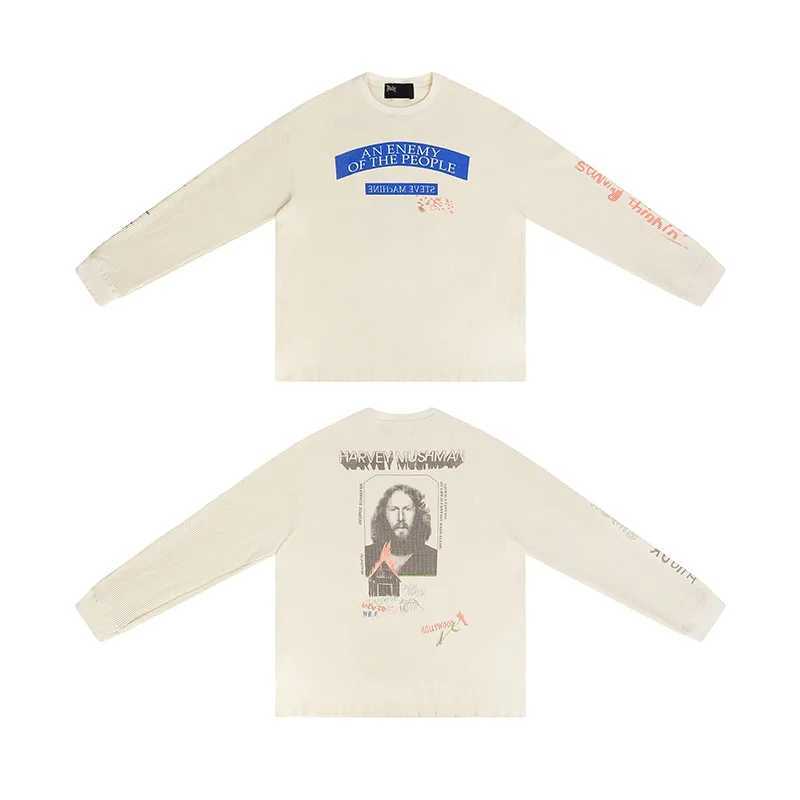 Men Women Couple Oversized Light Apricot Base T-Shirt Top Quality Waffle Fabric Slogan Print Graffiti Paly Long-Sleeved T Shirt T261019