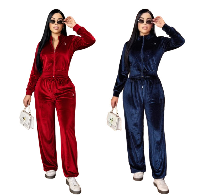 Autumn winter women's velvet casual Tracksuit stand collar zipper jacket high waist wide leg pants two-piece set jogging suit