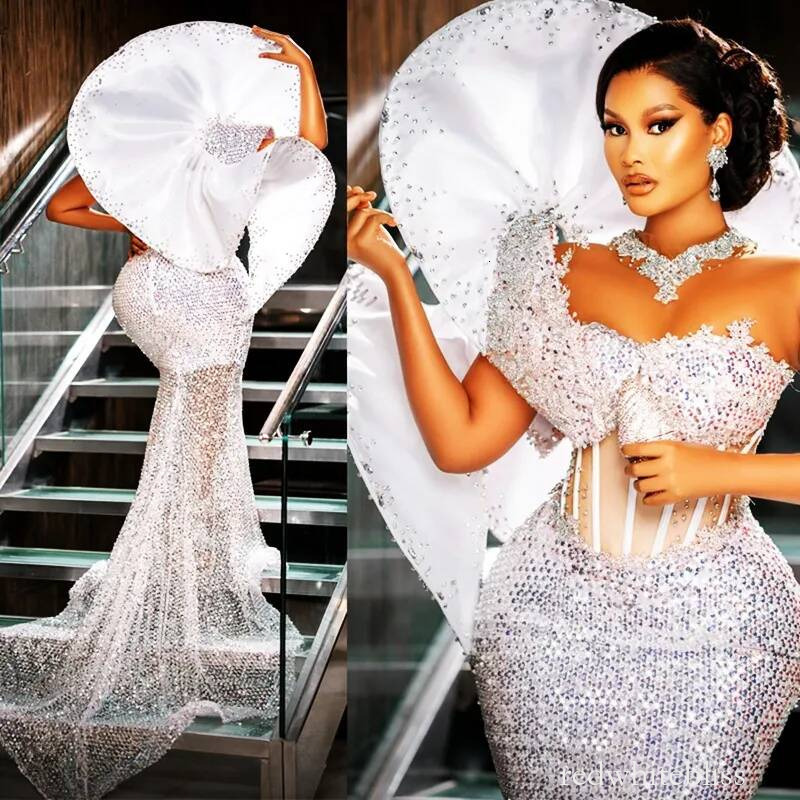 Plus Size Silver Mermaid Prom Dress Sparkling Evening Dresses Formal Gowns Sequins Flora Illusion Beaded Lace Crystals Birthday Second Reception Gow
