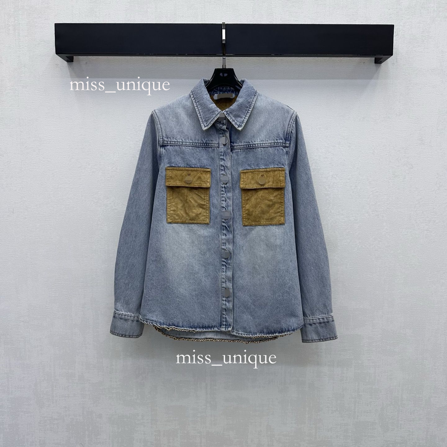 Designer Casual, Relaxed, Vintage-Inspired Light Blue Shirt With Soft, Faded Wash, Gradient Effect, And A Lapel Collar, Featuring Suede Patchwork 09
