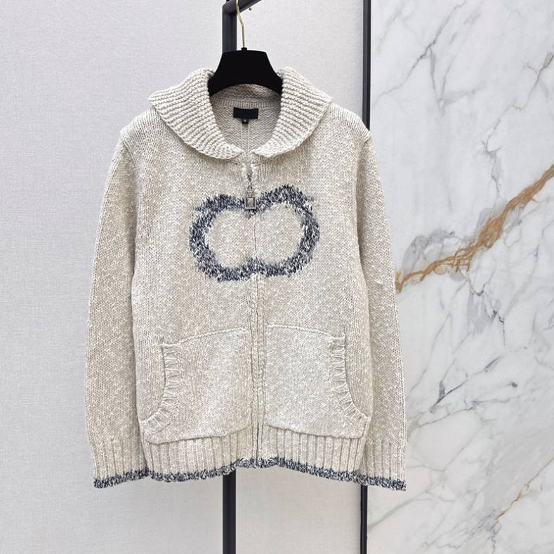 Women Cashmere Knitted Cardigan Zipper Letter Lapel Oversized Khaki Thick Sweater Coat Winter Stretchy Supple High End Cardigans