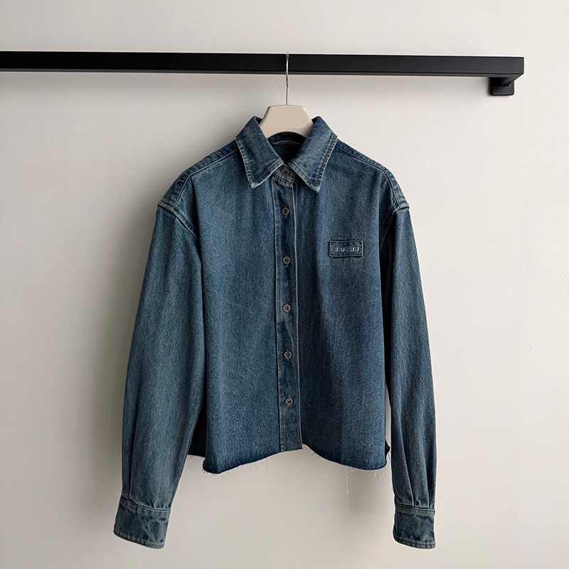 Women Cropped Raw Hem Denim Shirt Washed Long Sleeve Button Down Jean Blouses Autumn Winter Streetwear Loose Fit Vintage Jackets