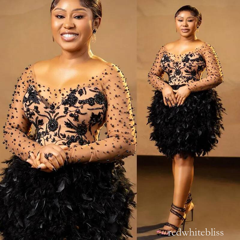 Plus Size Black Cocktail Dresses For Women Short Prom Dresses Sheer Illusion Long Sleeves Appliques Beads Feather Ruffles Mini Homecoming Gala Eveni