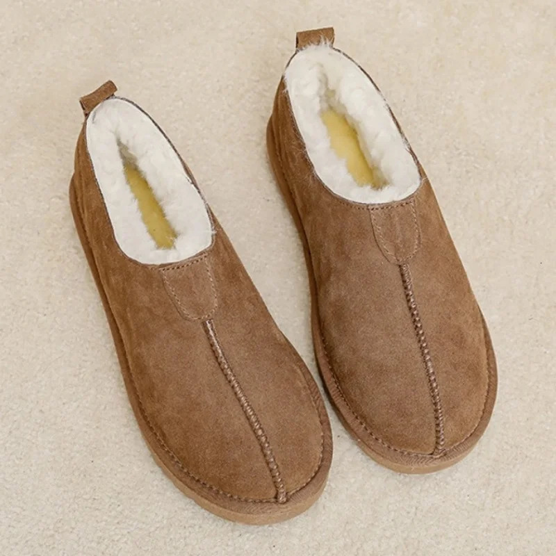2026 Winter Women Men Snow Boots Unisex Genuine Suede Leather Sheepskin Wool Fur Lined Casual Warm Shoes Indoor Slippers 261019