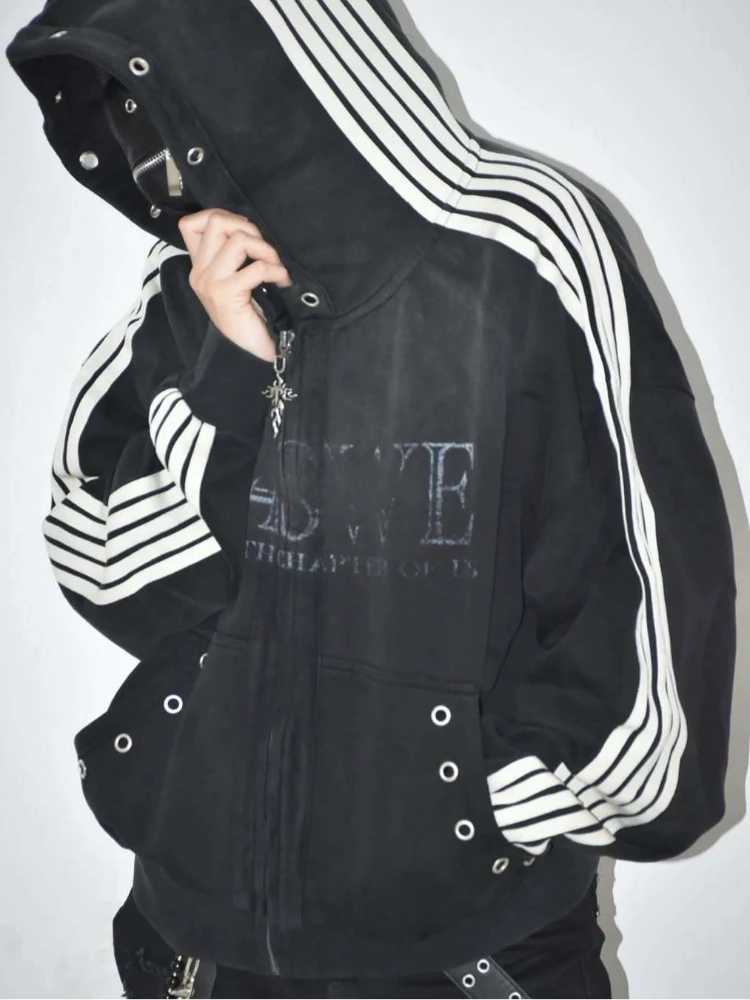 Cropped Zip Hooded Jacket Young Men Oversized Drop Shoulder Striped Sleeve Eyelet Pocket Vintage Letter Dark Street Teen Guys T261019