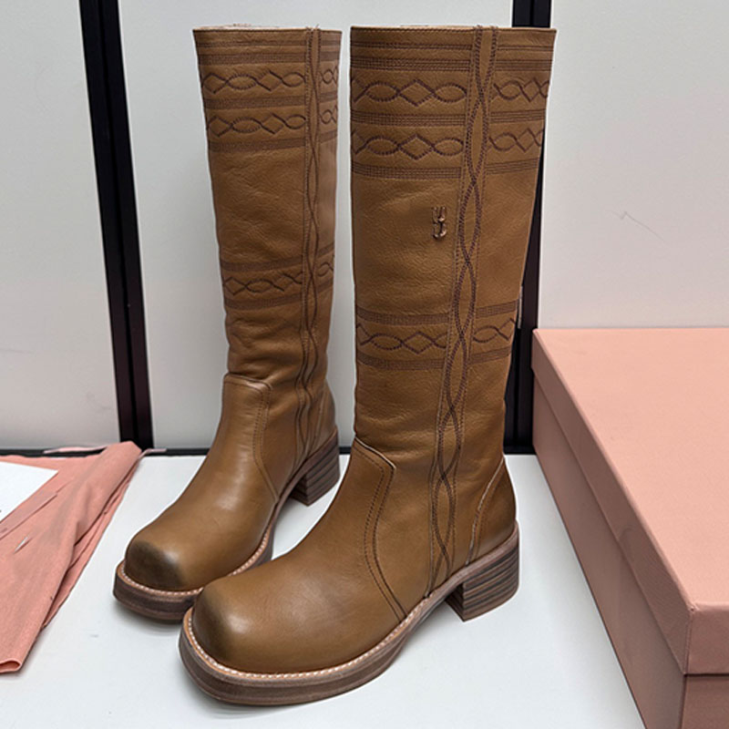 Retro Embroidered Leather Boots Women Designer Decorative Stitching Leather Upper Non Slip Rubber Sole Leather lining Classic Casual Boots Top Quali