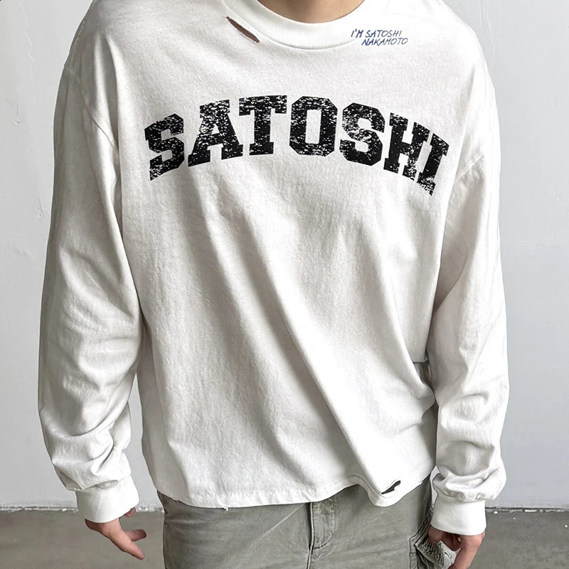 Street Oversized SATOSHI Long-sleeved T-shirts 26ss Unisex Washed Cotton Letter Print T Shirt Men's Hip Hop Styles Top Tee 261017
