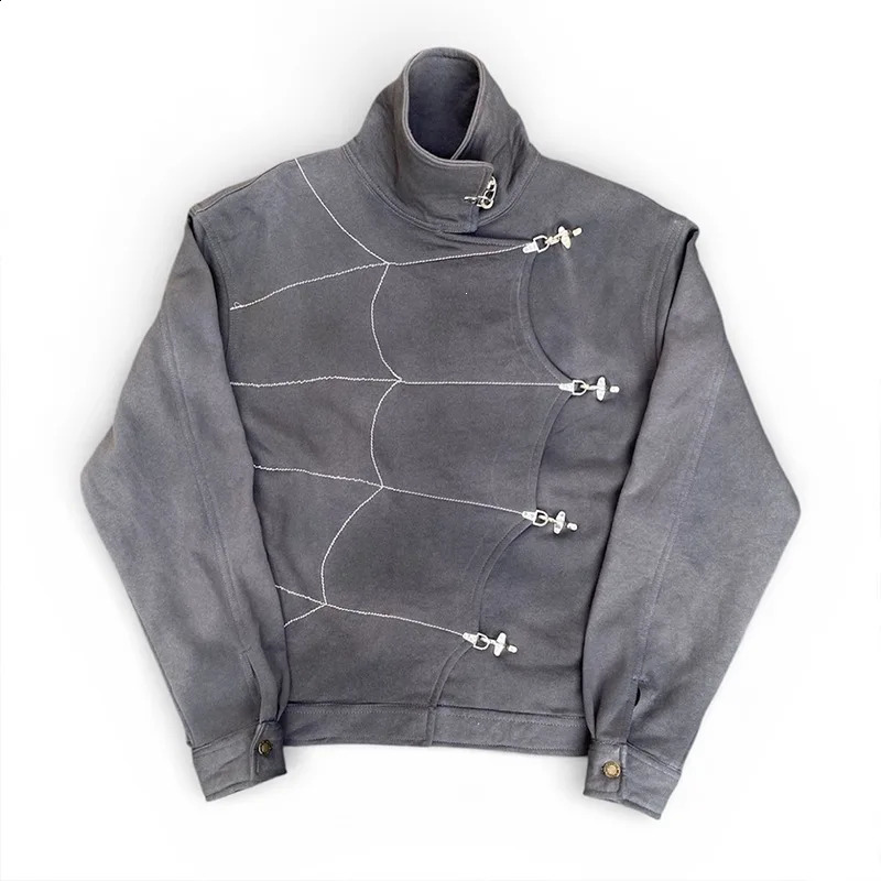 Street Retro Cobweb Pattern Turtleneck n Airplane Buckle Metal Decoration Autumn and Winter Warm Unisex Sweater Coat. 261014