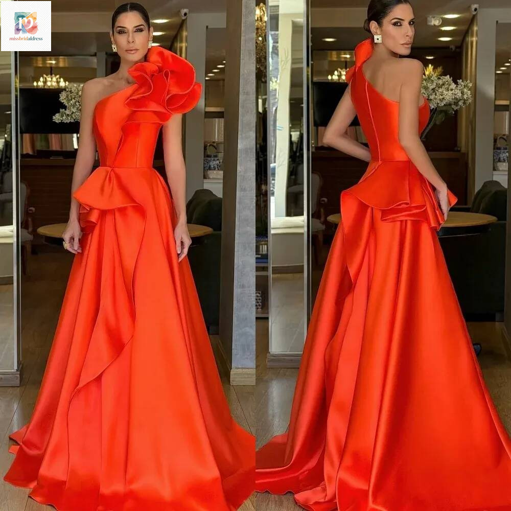 Exquisite One Shoulder Orange Evening Pageant Dress 2024 Sleeveless Flowers Satin A Line Women Prom Formal Gowns Vestidos Feast Robe De Soiree Mb019