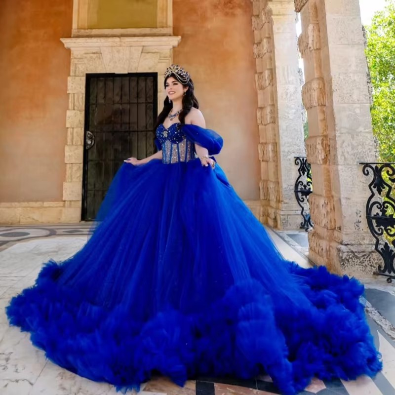 Royal Blue Glitter Quinceanera Dresses Off Shoulder Ball Gown Sweet 16 Dress Beading Crystal Bow Tiered Tull Long Tail Party Birthday vestidos 15 de