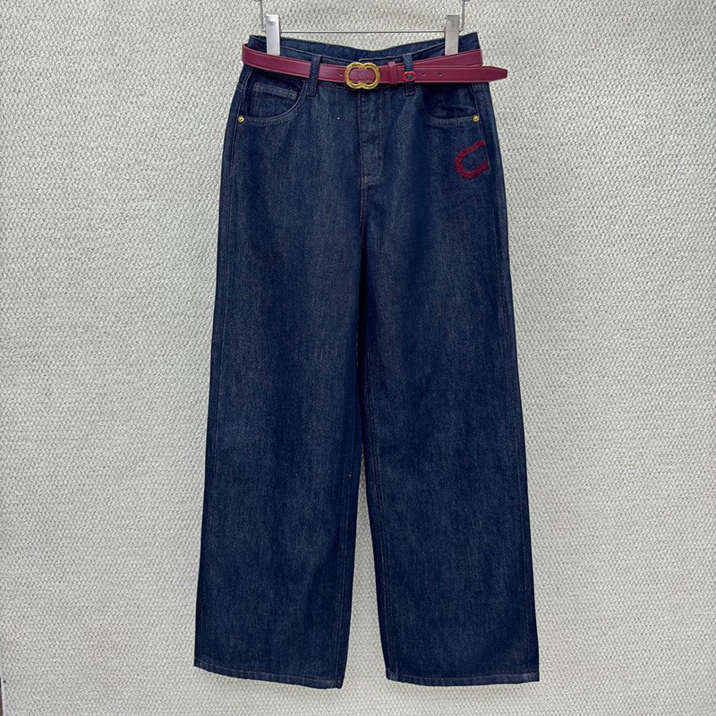 Designer Women Washed Denim Pants Embroidered High Rise Vintage Jean Trousers With Belt Autumn Commuter Style Versatile Chic Jeans