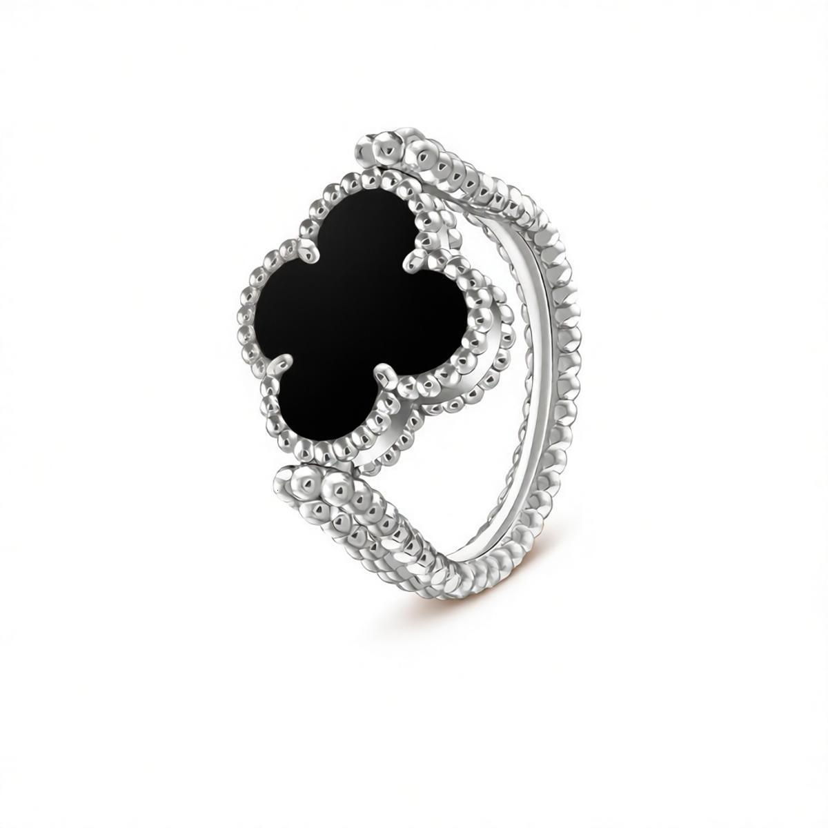 Designer Jewelry vanly cliff rings Lucky Black Agate Electroplated V Gold Four-Leaf Clover Ring Light Fashionable Adjustable Ring