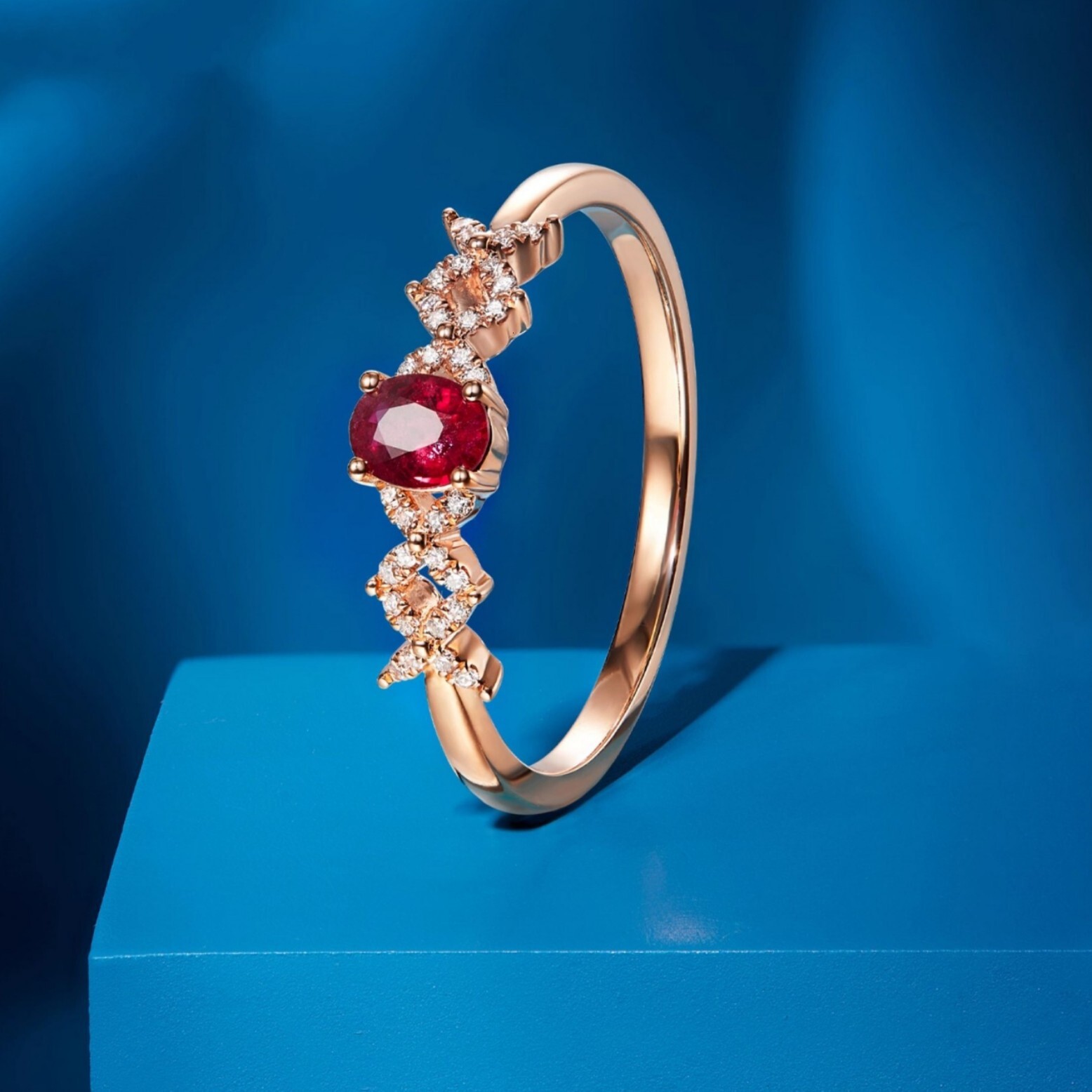 copper plated rose gold, featuring an X-shaped design pigeon-blood red cubic zirconia, vintage French-style ring with a light luxury and elegant des