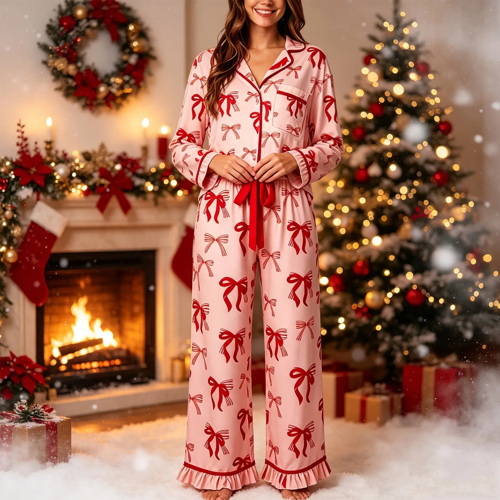 Women Christmas Pajamas 2 Piece Lounge Sets Silk Satin Santa Claus/Bowknot/Candy Cane Long Sleeve Button Shirts Pants Sleepwear 261015