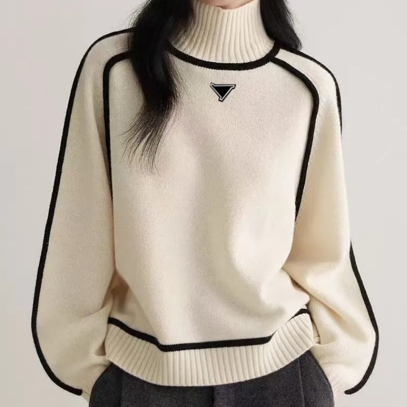 Designer new Womens Sweater knitted cardigan sweater Women Triangular metal logo Casual Contrast Binding High Neck Knitted Pullover Soft Warm Sweate