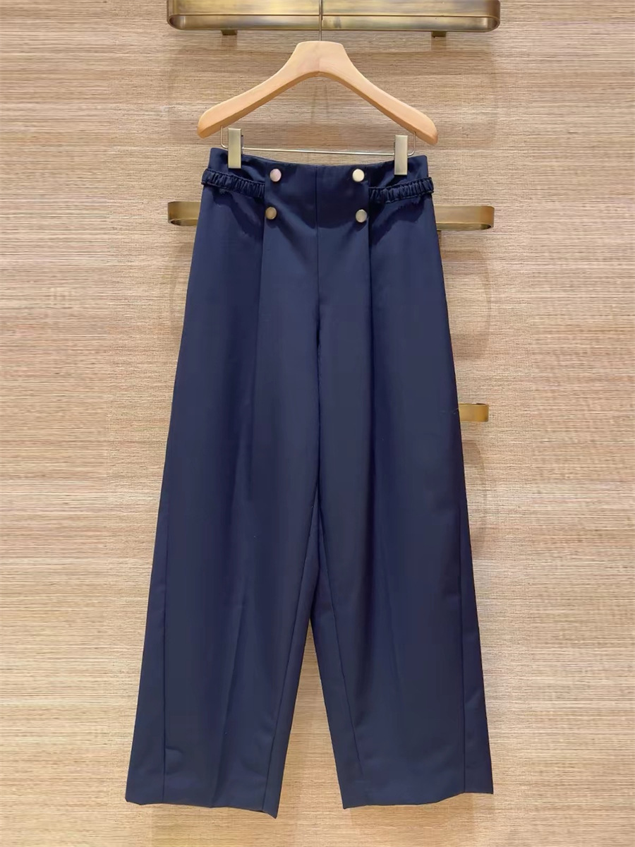 Women High Waist Button Decoration Suit Pants Fall Winter Ladies Pleated Loose Wide Leg Long Trousers