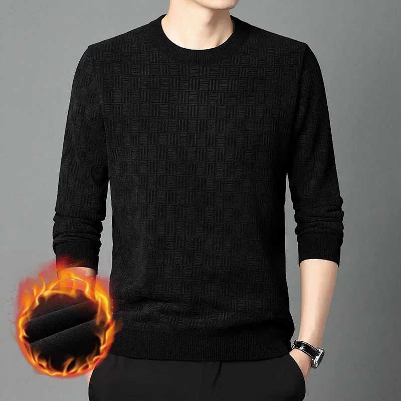 Sweater Men's Chenille Warm Thickened Heavy Jacquard Round Neck Pullover Business Knitted Plus Velvet Striped Bottoming Tops M261016