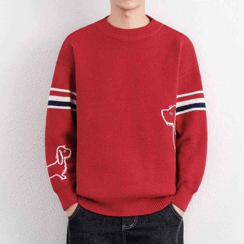 End Brand Sweater Men's High Winter New Cute Little Dog Print Fashion Color Blocked Striped Couple Casual Warm Knitted Pullover M261016