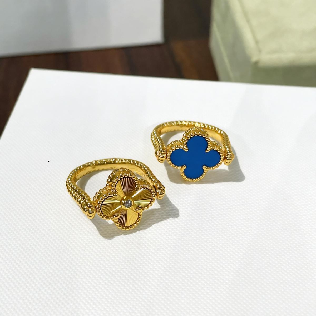 Designer Jewelry vanly cliff rings Laser Red Chalcedony Four-Leaf Clover/Flip-Over Fortune 18K Double-Flower Double-Sided Rose Gold Ring dfd