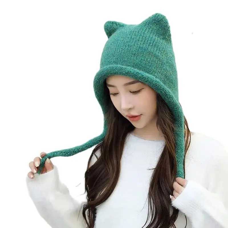 Beanie/Skull Caps Green Beanie Christmas Japanese Cute Bear Ears Hat Women's Winter Thermal Straps Knitted Ear Protection Hat Crimped Pullover