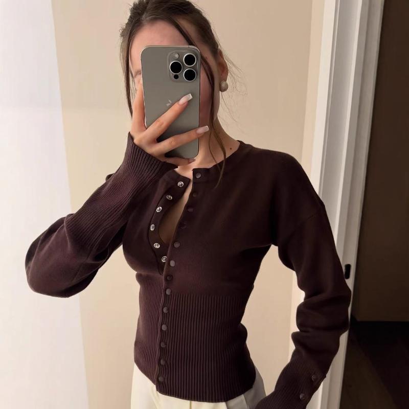 Women's French Classic Crew Neck Knit Cardigan Sweater Solid Color Button Long Sleeve Slim Fit Elegant Autumn Winter Top