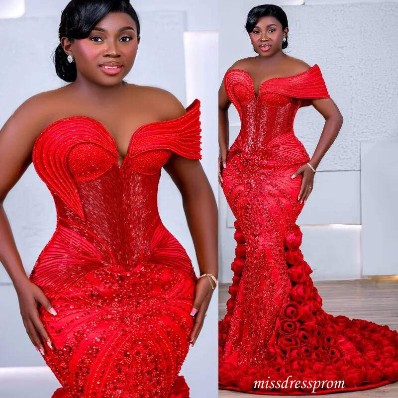 Plus Size Red Prom Dress Mermaid Evening Dresses Formal Gowns One Shoulder Flora Illusion Beaded Lace Crystals Birthday Second Reception Gown Am3673