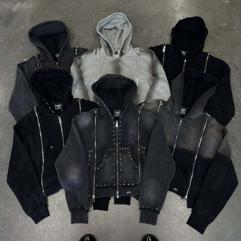 2026 vintage Gothic fashion hooded cardigan tie dye hip-hop loose hooded sweatshirt pants jacket zipper decoration 261014