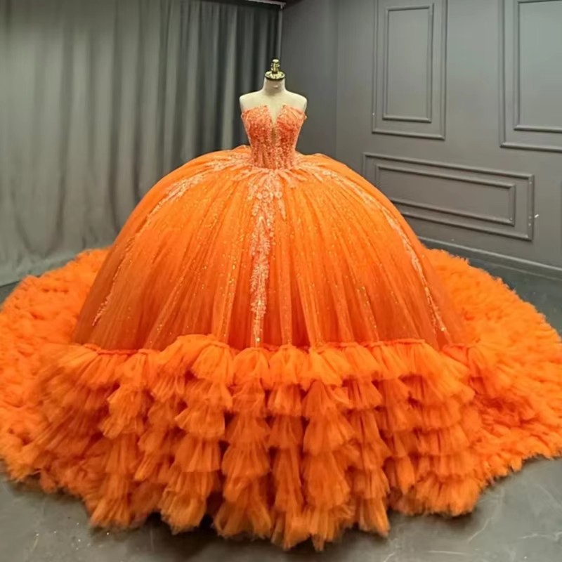 Orange Glitter Quinceanera Dresses Off Shoulder Ball Gown Sweet 16 Dress Applique Lace Beading Crystal Bow Tiered Tull Long Tail Party Birthday vest