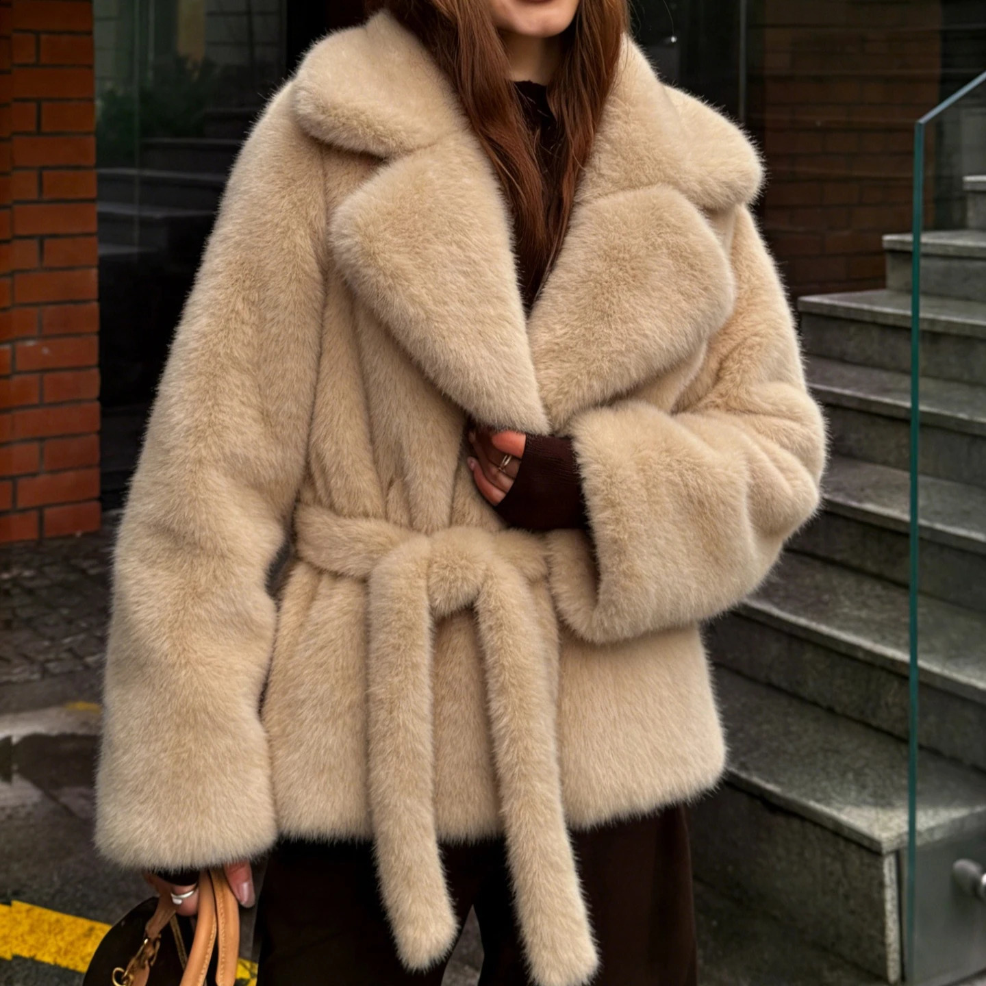 Women Faux Fur Short Coats Jackets Stand Collar Coat Thick Warm Y2k Streetwear Jacket Elegant Lace Up Outerwear Autumn Winter 261015
