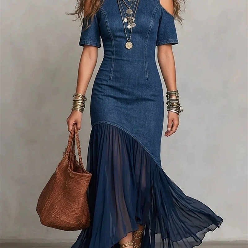 Women Cold Shoulder Denim Maxi Dress Chiffon Splicing Hem Bodycon Party Street Vintage Slim Fit Elegant Summer Long y261015