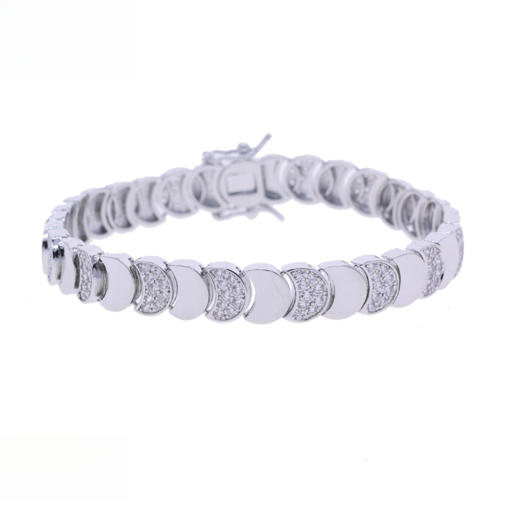 Iced Out Half Moon VVS Moissanite Tennis Bracelet, S925 Sterling Silver 18K Plated Stackable Bracelet for Men Women Fine Jewelry