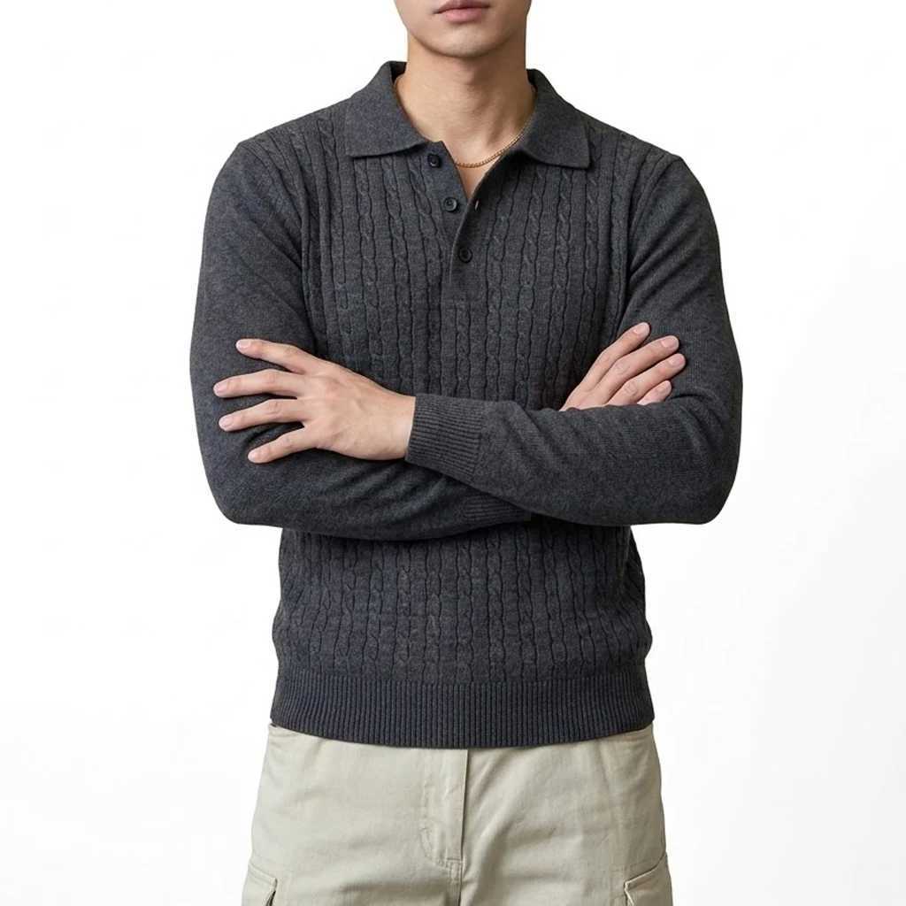 Cable Casual Autumn Knit Men's Sweater Long Slve Button Down Lapel Collar Pullover Top Soft Warm Knitwear Jumpers Gym Man M261016